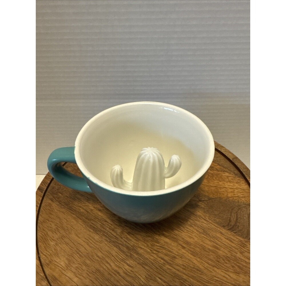 Creature Cups Coffee Mug Saguaro Cactus Peek A Boo Teal Blue Outside Wht Inside